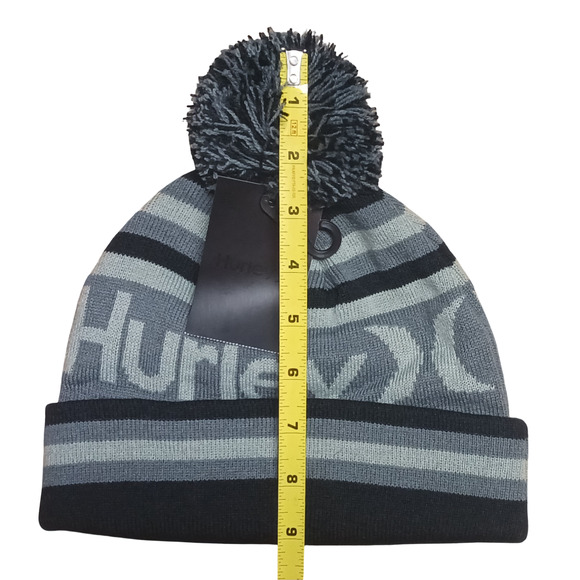 Hurley Ragland Black Gray Pom Beanie Knit Winter Hat Cuffed Acrylic One Size New - Picture 12 of 14